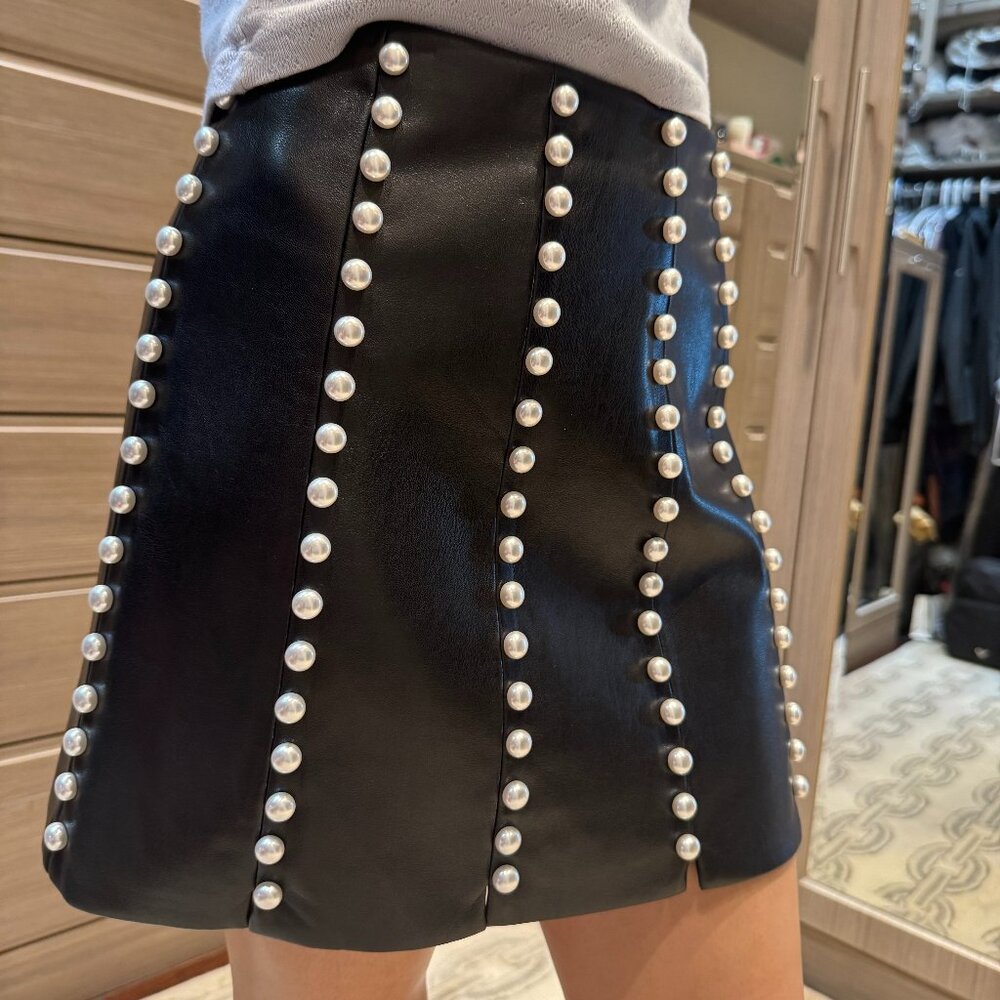 NWT: Alice + Olivia Embellished Vegan Leather Mini Skirt Black with Pearls